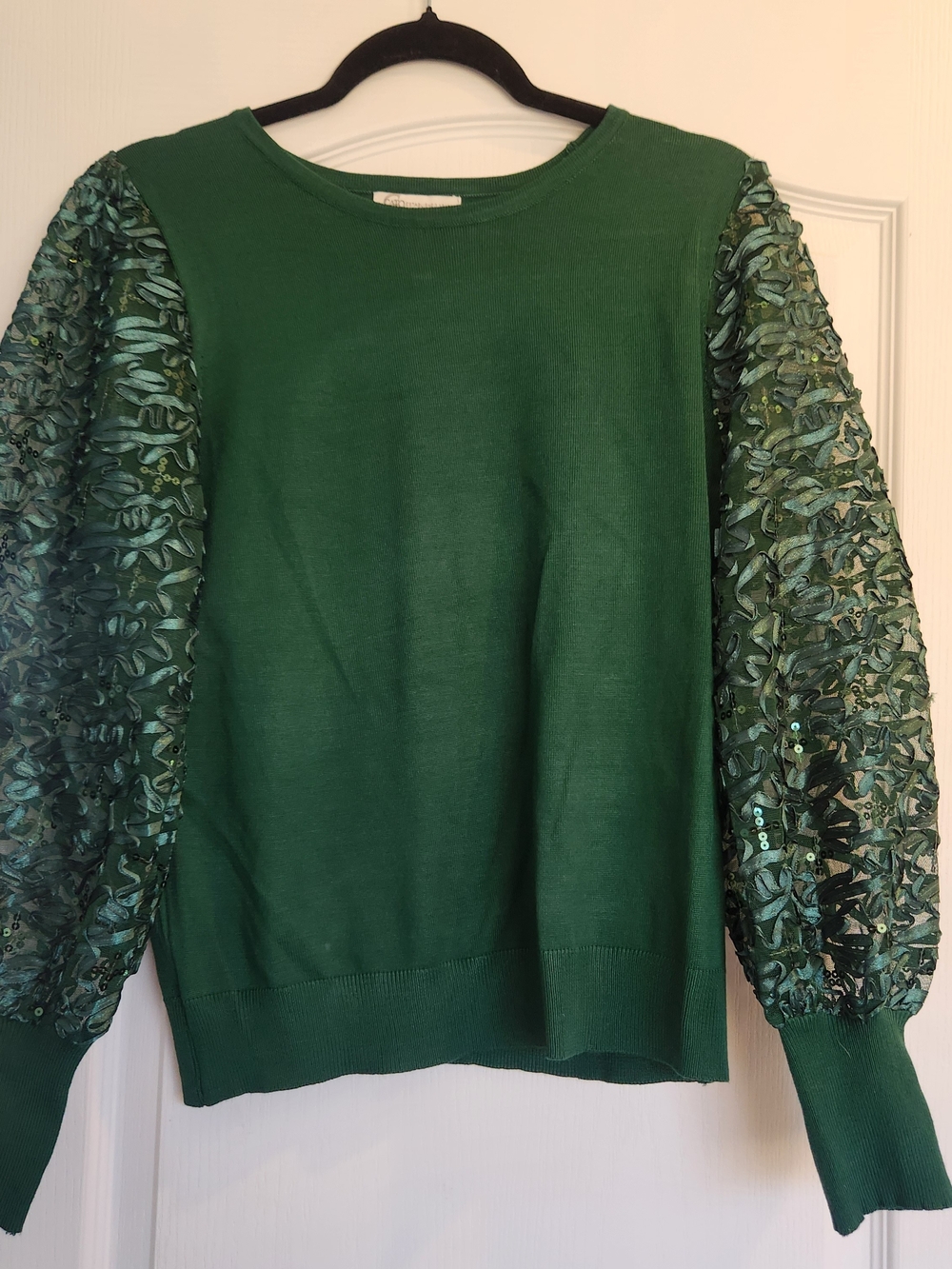 Cato Green Pullover with Sheer Sequin Embellished Sleeves L BNWT